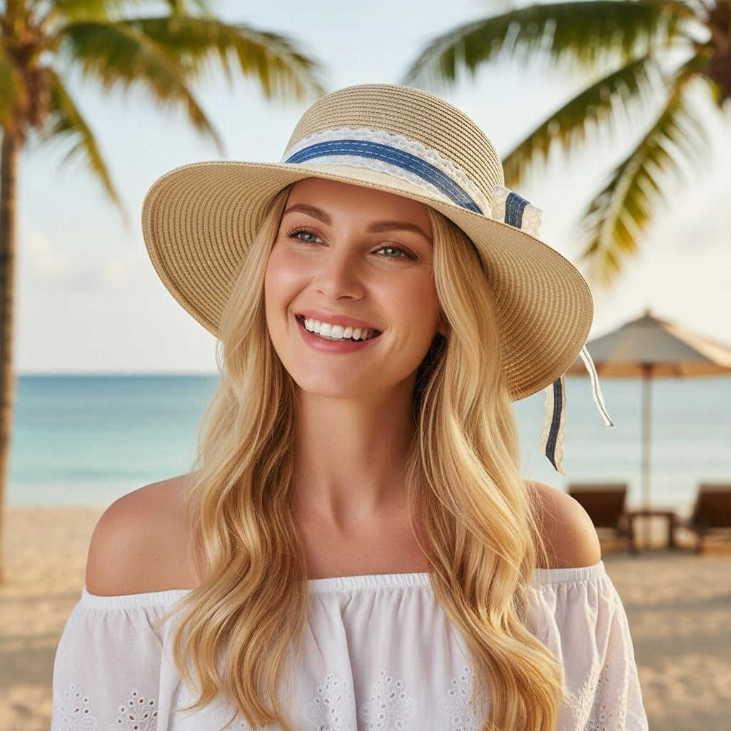 Sombrero de sol ligero de paja de ala ancha para mujer Sombrero de playa plegable de verano con protección UV