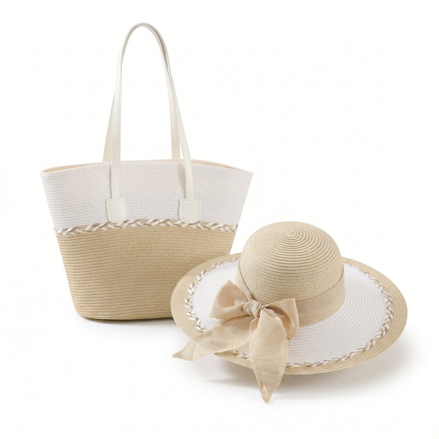 Conjunto de sombrero de sol de paja para mujer y bolso de mano de ala ancha Juego de verano para vacaciones en la playa