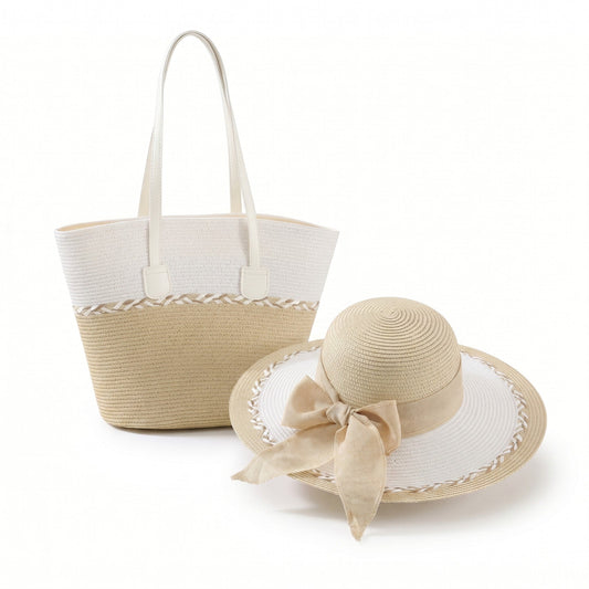 Conjunto de sombrero de sol de paja para mujer y bolso de mano de ala ancha Juego de verano para vacaciones en la playa