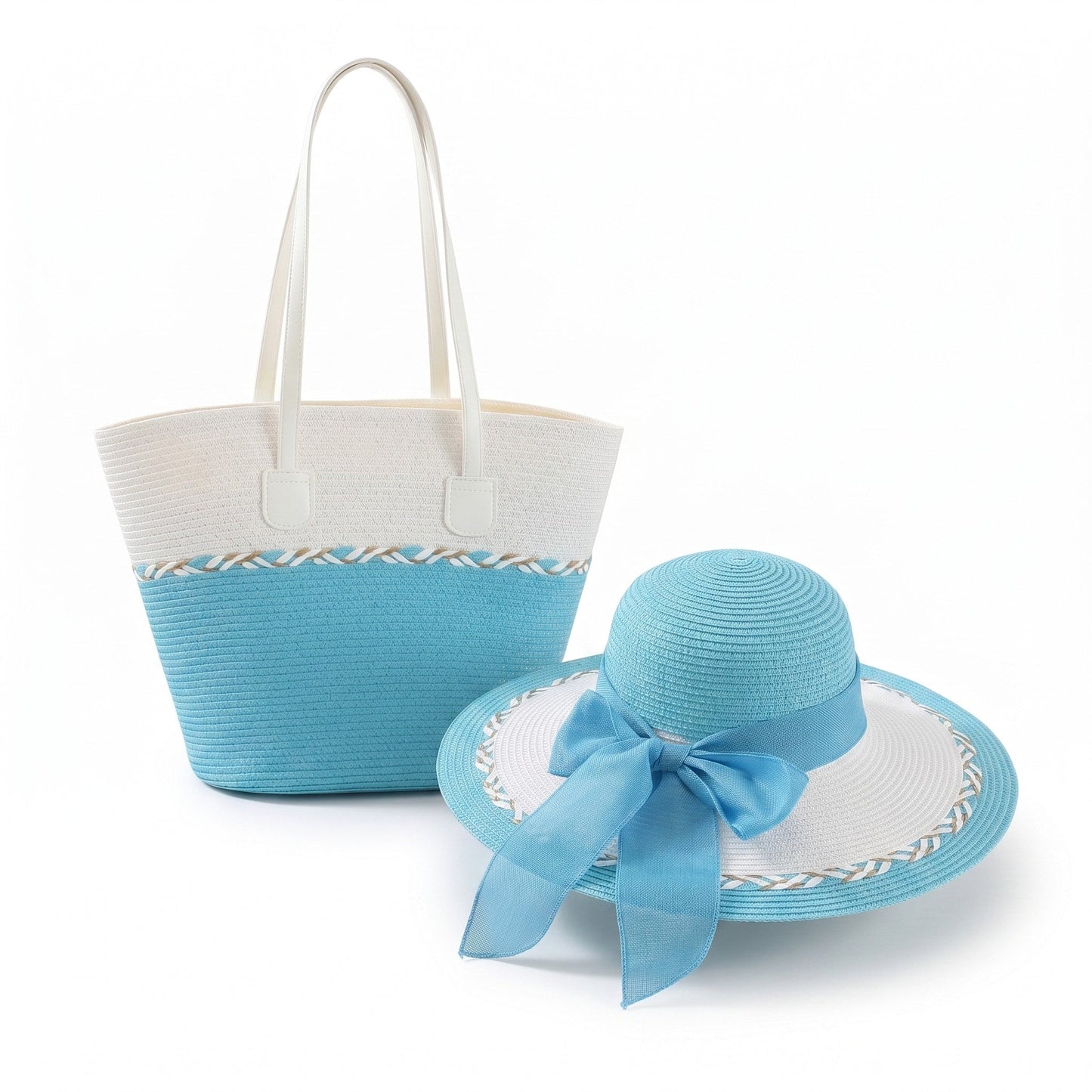 Conjunto de sombrero de sol de paja para mujer y bolso de mano de ala ancha Juego de verano para vacaciones en la playa