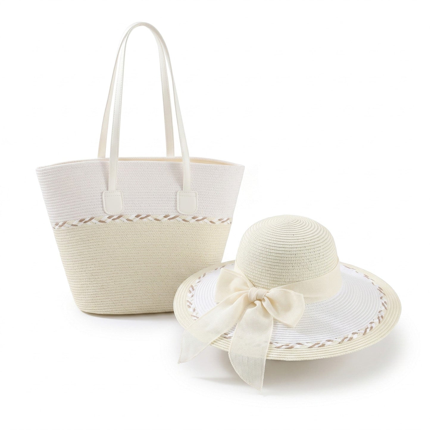 Conjunto de sombrero de sol de paja para mujer y bolso de mano de ala ancha Juego de verano para vacaciones en la playa