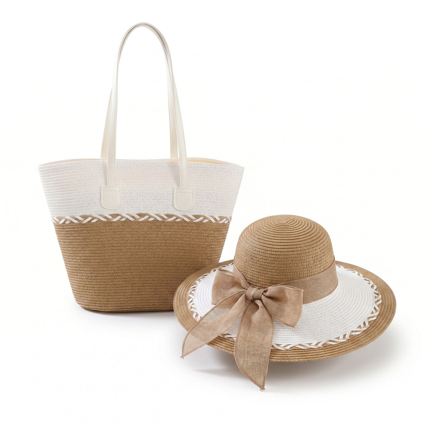 Conjunto de sombrero de sol de paja para mujer y bolso de mano de ala ancha Juego de verano para vacaciones en la playa