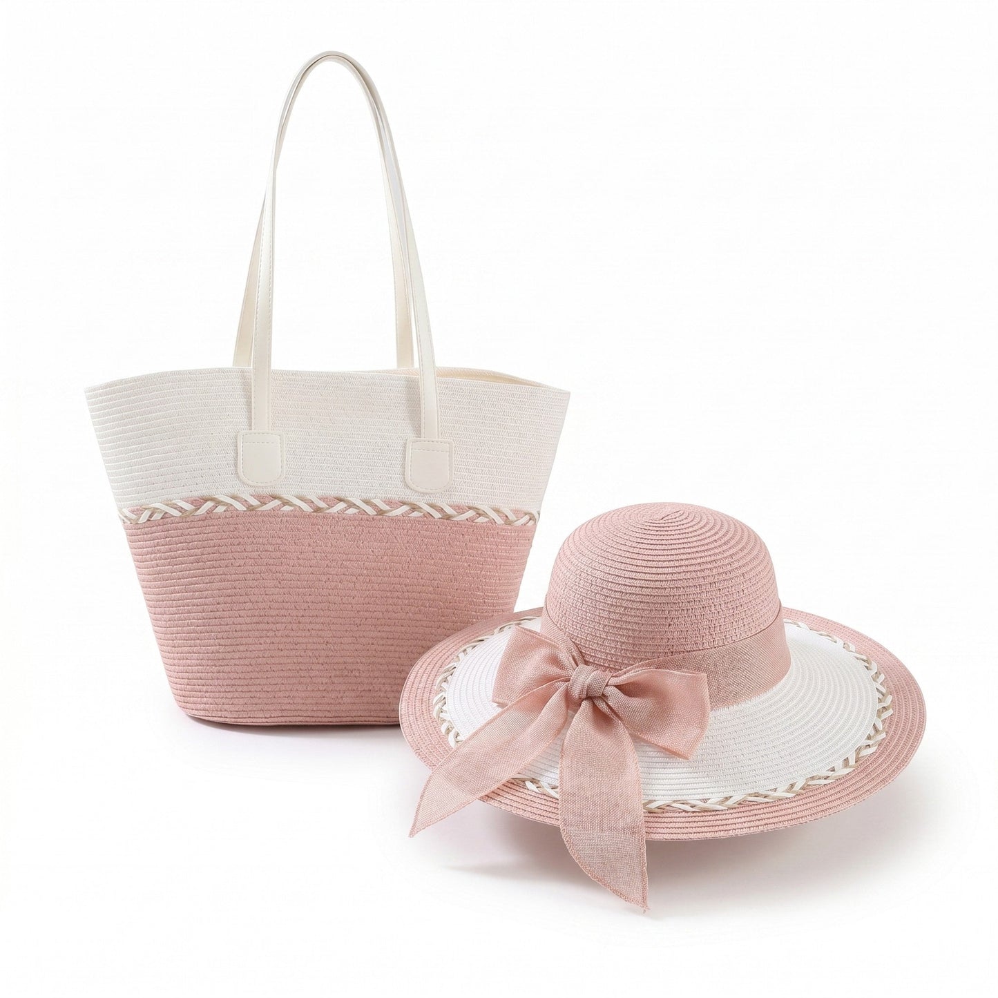 Conjunto de sombrero de sol de paja para mujer y bolso de mano de ala ancha Juego de verano para vacaciones en la playa