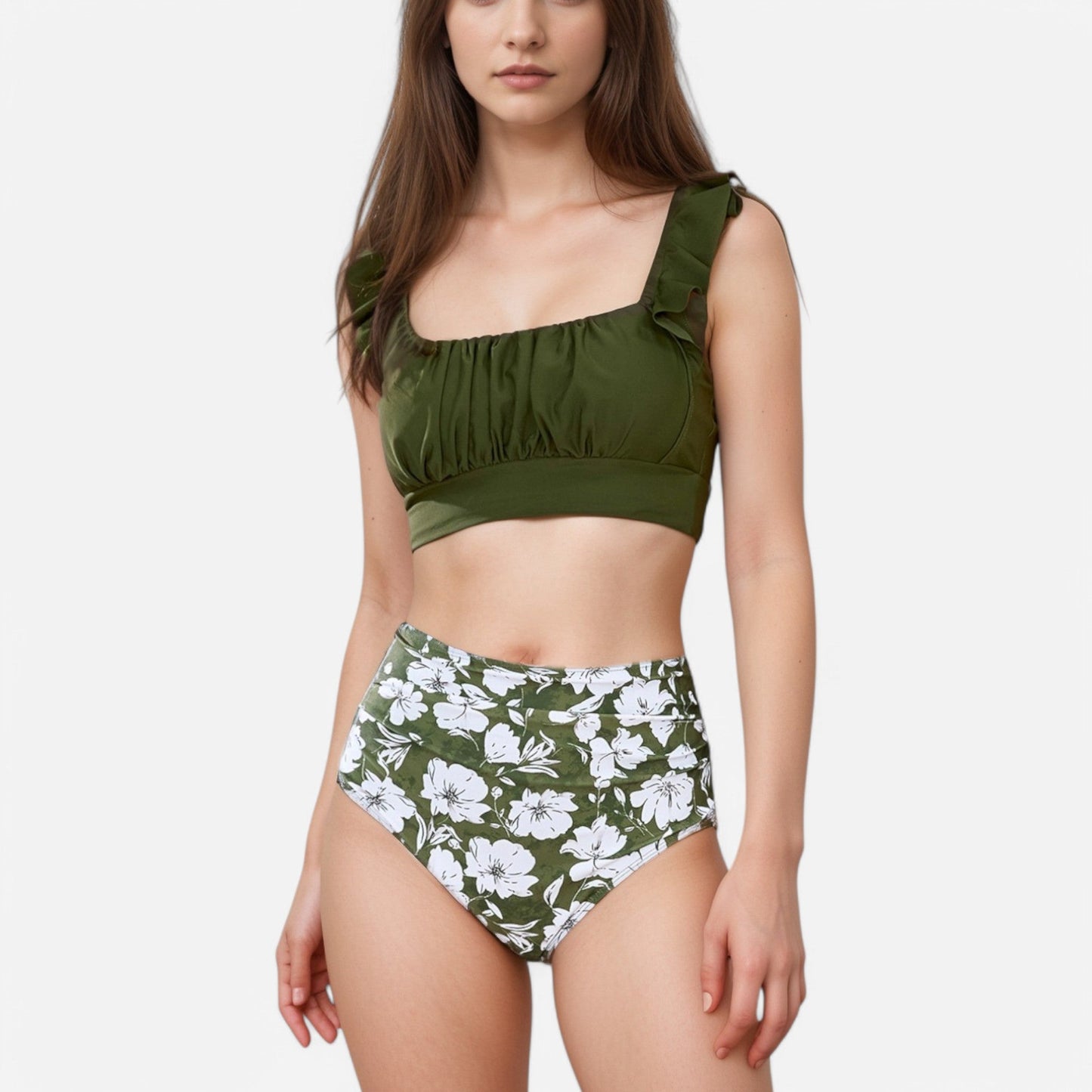 Conjunto de baño para mujer de Mara Swim: sujetador de bikini con volantes y detalle fruncido en el pecho, y braguita de cintura alta con estampado de hojas