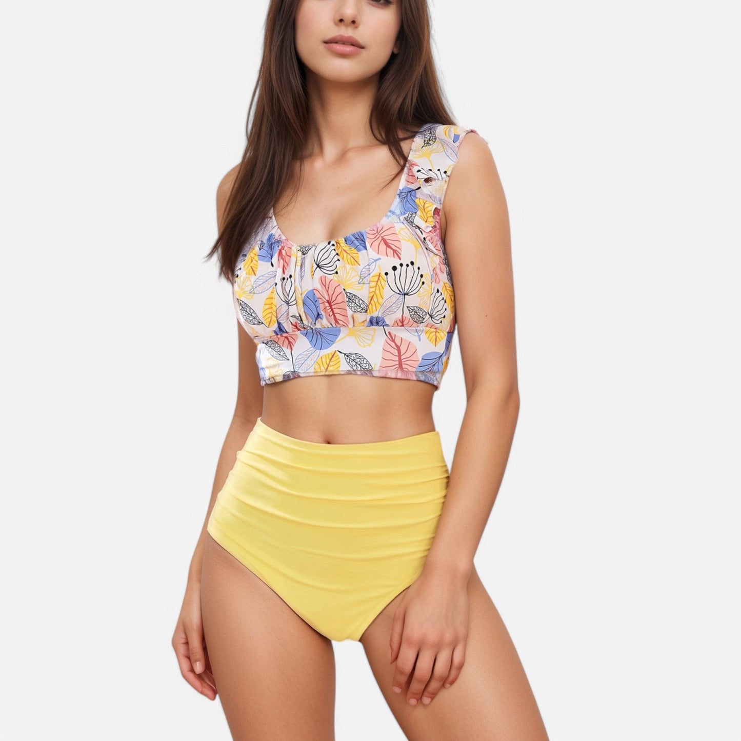 Conjunto de baño para mujer de Mara Swim: sujetador de bikini con volantes y detalle fruncido en el pecho, y braguita de cintura alta con estampado de hojas