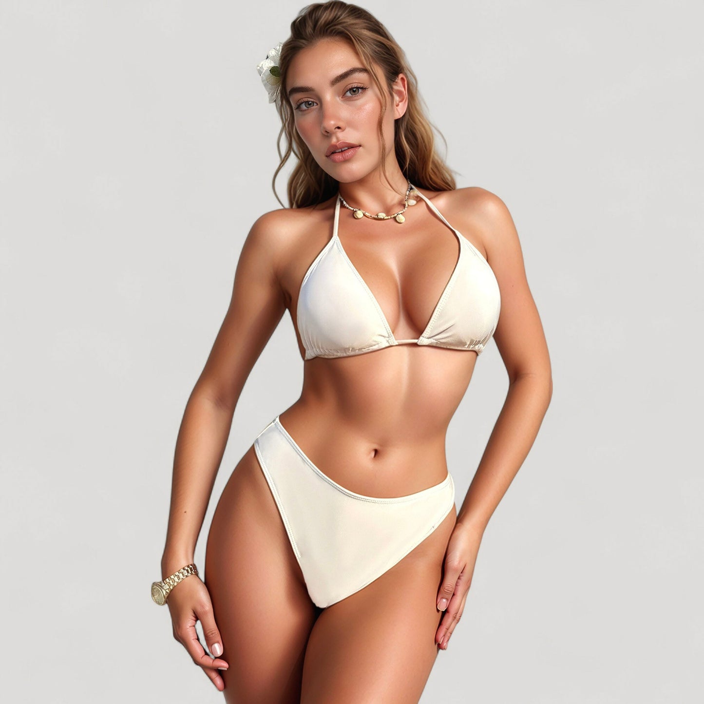 Conjunto de baño de tres piezas de encaje para mujer de Mara Swim, con top corto de manga larga, bikini de triángulo y minifalda con fruncidos
