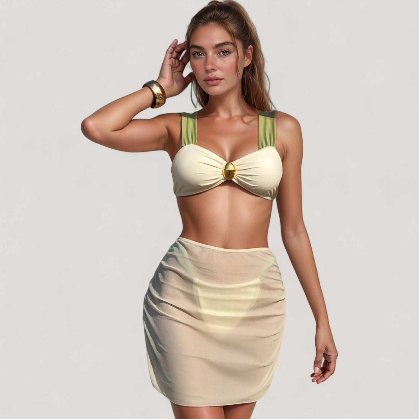 Conjunto de baño retro de tres piezas para mujer de Mara Swim, con top de bikini de tirantes anchos, falda transparente fruncida y detalles de pedrería