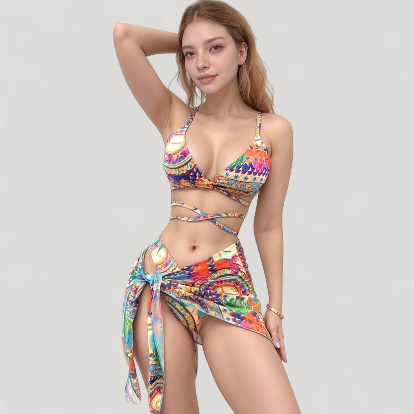 Bikini estampado para mujer de Mara Swim con tirantes cruzados y pareo a juego con minifalda con lazo lateral