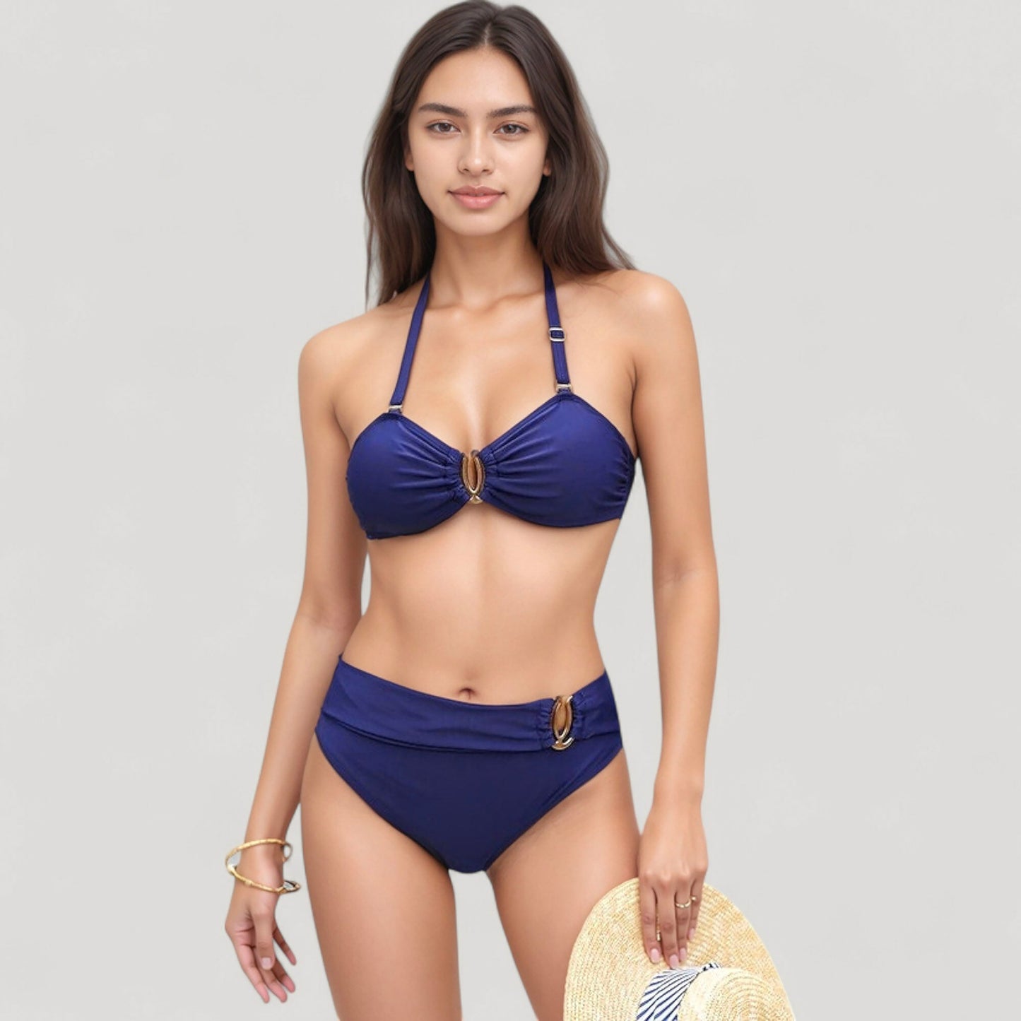 Conjunto de bikini de cintura alta para mujer de Mara Swim con detalle de anillos inspirado en conchas y tirantes ajustables al cuello