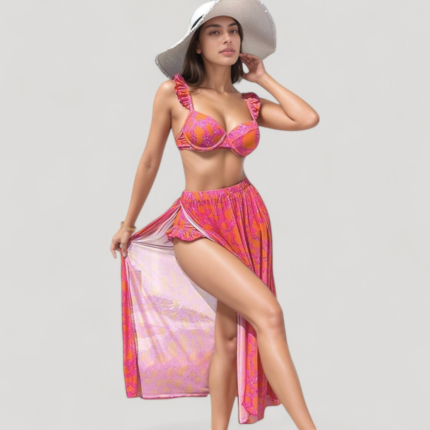 Conjunto de bikini de 3 piezas para mujer de Mara Swim, con tirantes con volantes, braguita de cintura alta y llamativo estampado abstracto
