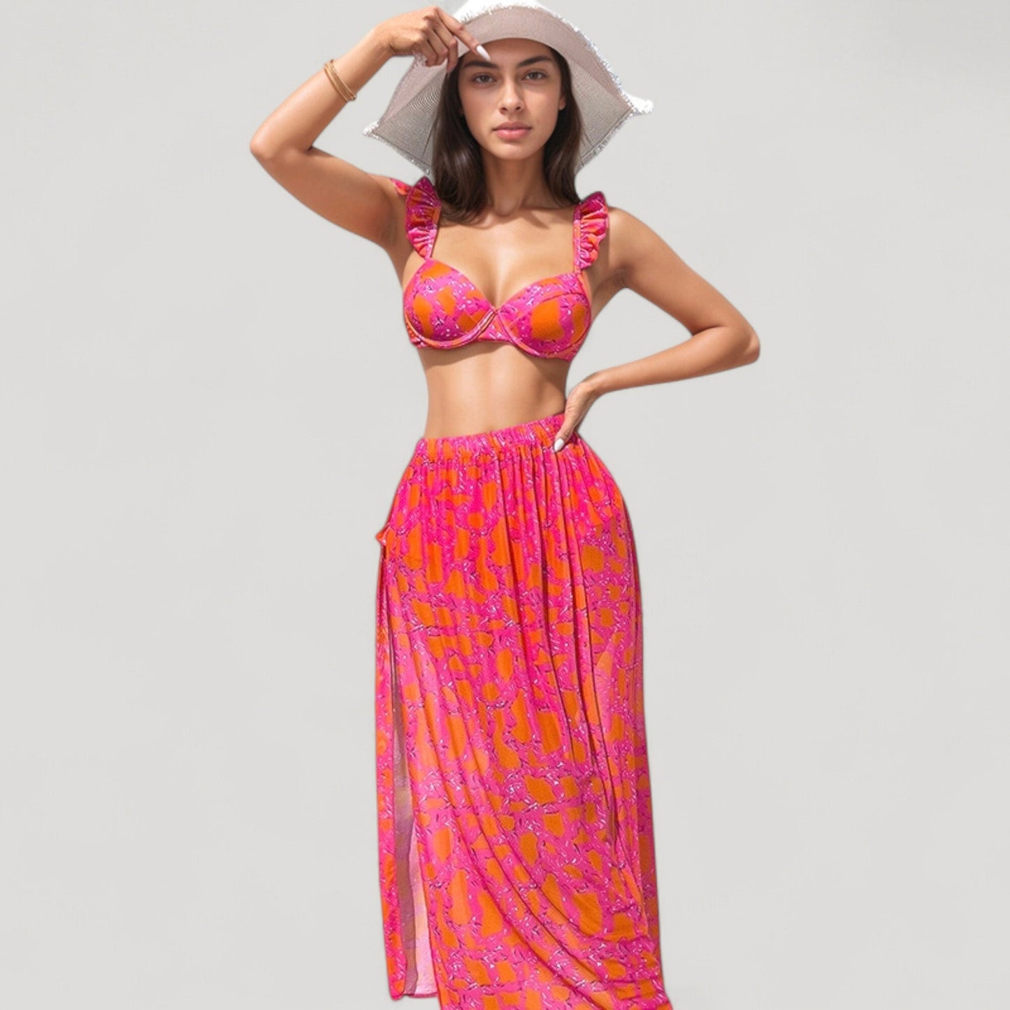 Conjunto de bikini de 3 piezas para mujer de Mara Swim, con tirantes con volantes, braguita de cintura alta y llamativo estampado abstracto