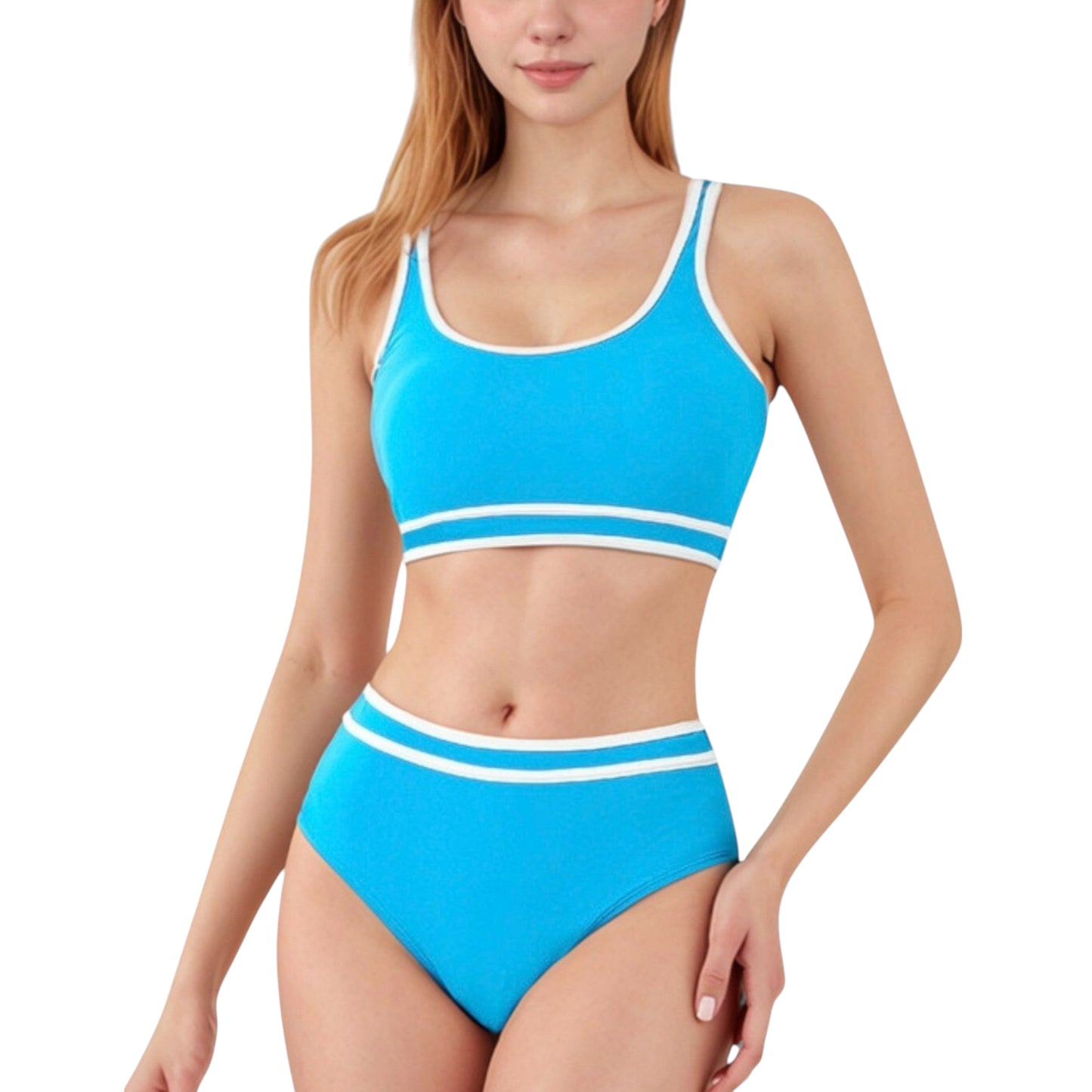Conjunto de bikini deportivo de cintura alta para mujer de Mara Swim, con ribetes en contraste y top corto de cuello redondo