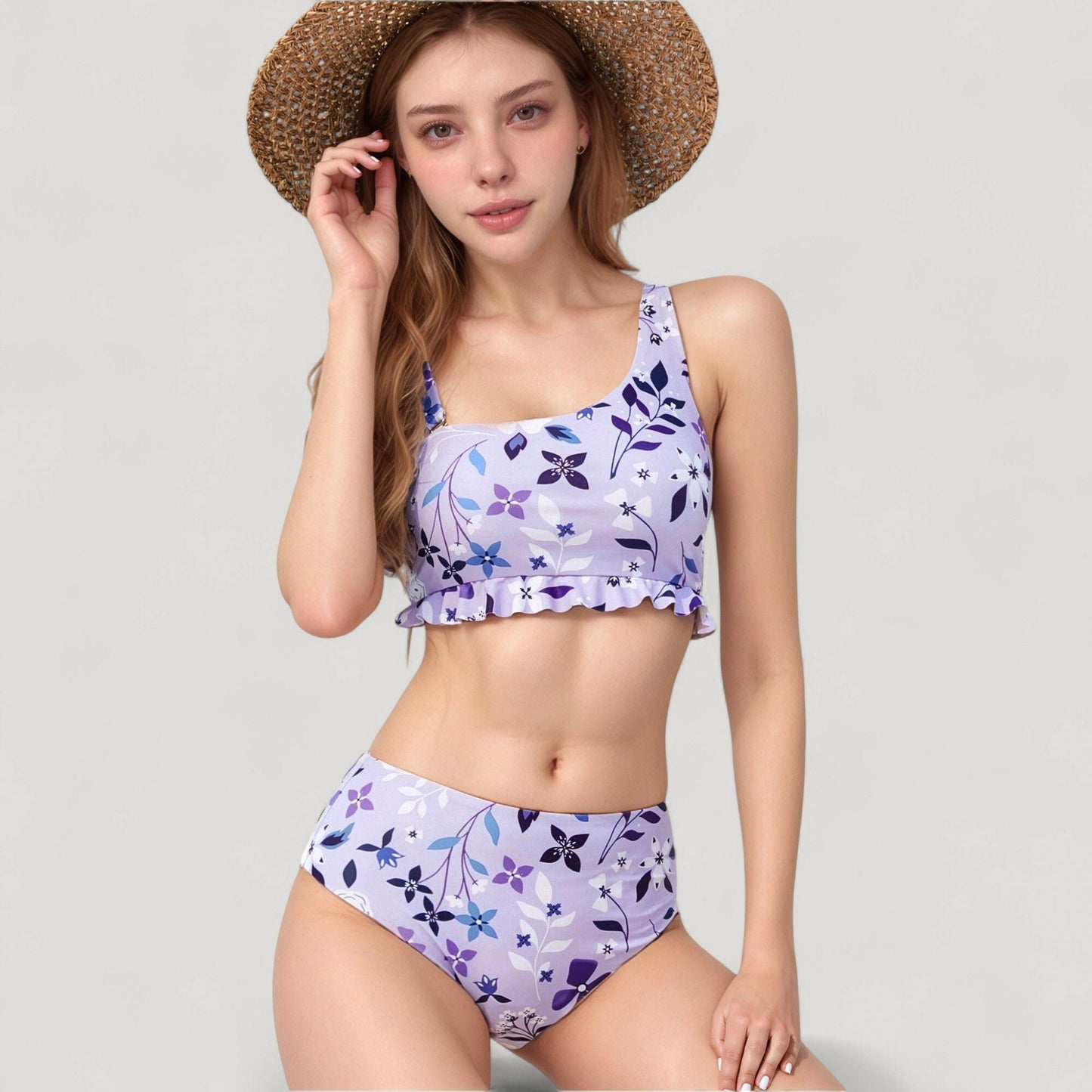 Conjunto de bikini para mujer de Mara Swim con estampado floral y volantes, compuesto por un top corto de cuello redondo y una braguita de cintura alta