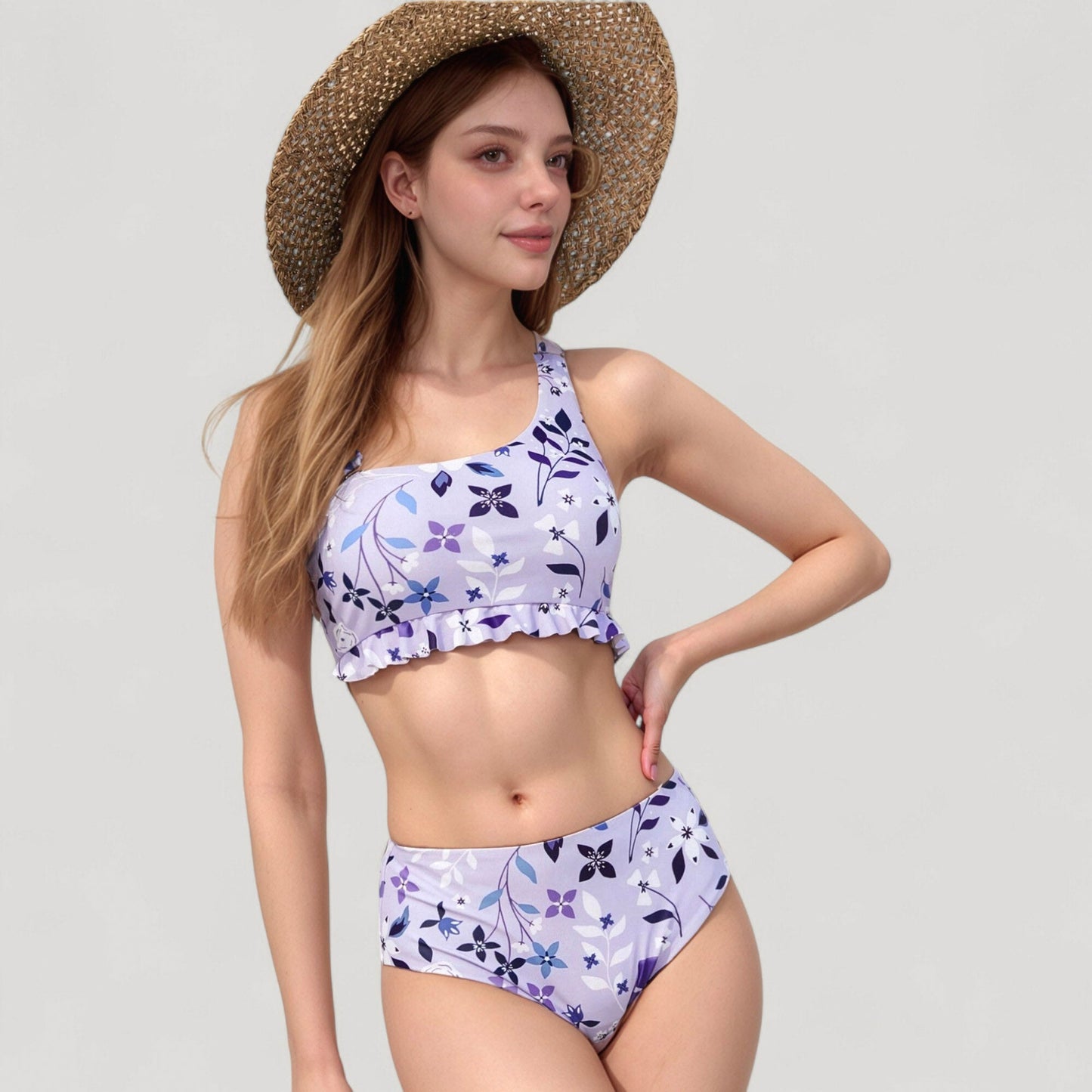 Conjunto de bikini para mujer de Mara Swim con estampado floral y volantes, compuesto por un top corto de cuello redondo y una braguita de cintura alta