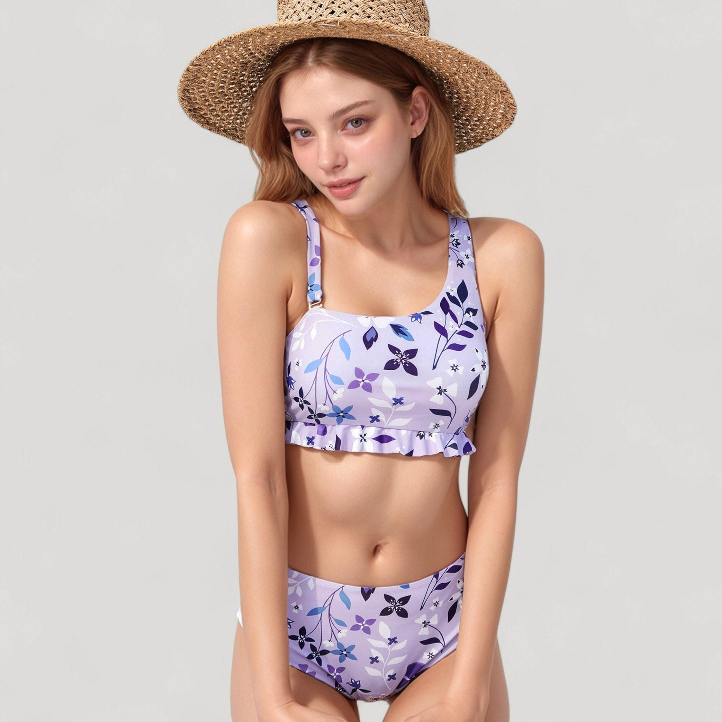 Conjunto de bikini para mujer de Mara Swim con estampado floral y volantes, compuesto por un top corto de cuello redondo y una braguita de cintura alta