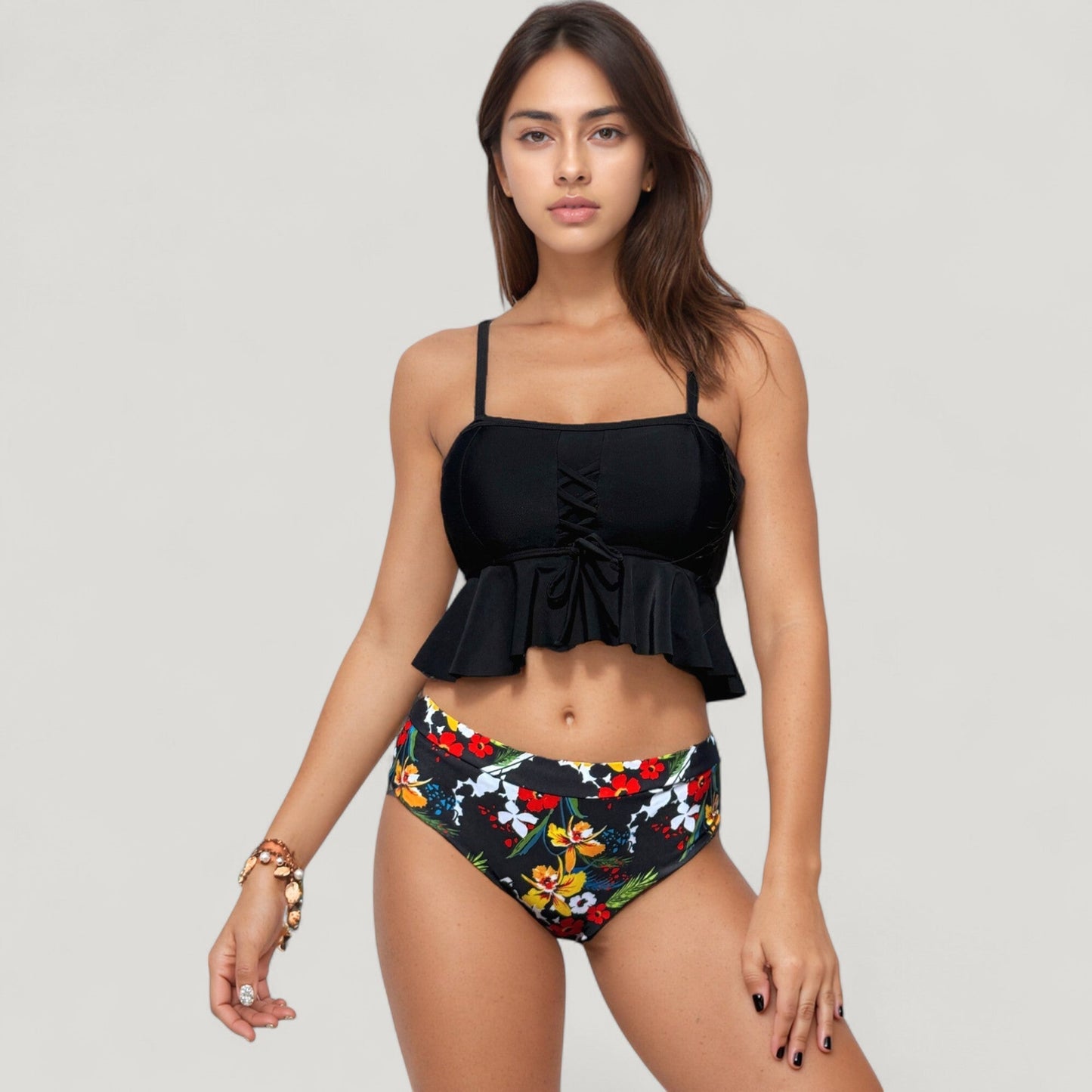 Bañador de dos piezas de Mara Swim: top tankini con volantes y cordones para mujer y braguita de bikini de cintura alta con estampado floral