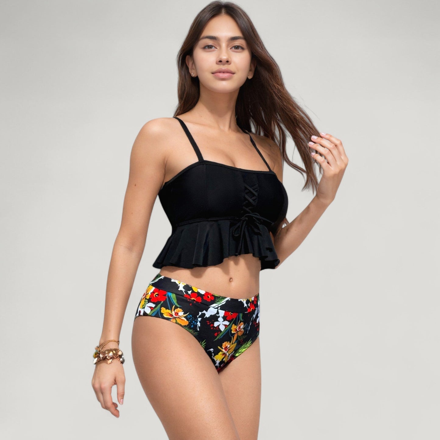 Bañador de dos piezas de Mara Swim: top tankini con volantes y cordones para mujer y braguita de bikini de cintura alta con estampado floral