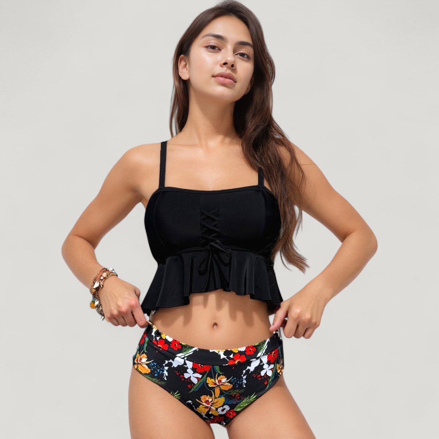 Bañador de dos piezas de Mara Swim: top tankini con volantes y cordones para mujer y braguita de bikini de cintura alta con estampado floral
