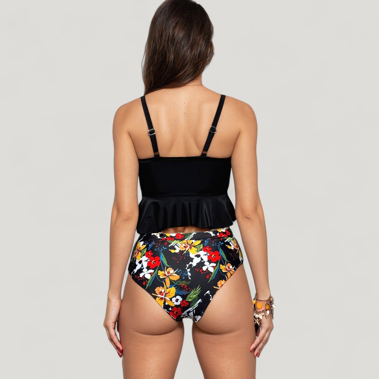 Bañador de dos piezas de Mara Swim: top tankini con volantes y cordones para mujer y braguita de bikini de cintura alta con estampado floral