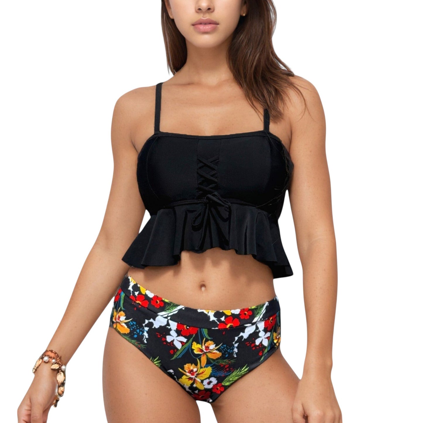 Bañador de dos piezas de Mara Swim: top tankini con volantes y cordones para mujer y braguita de bikini de cintura alta con estampado floral