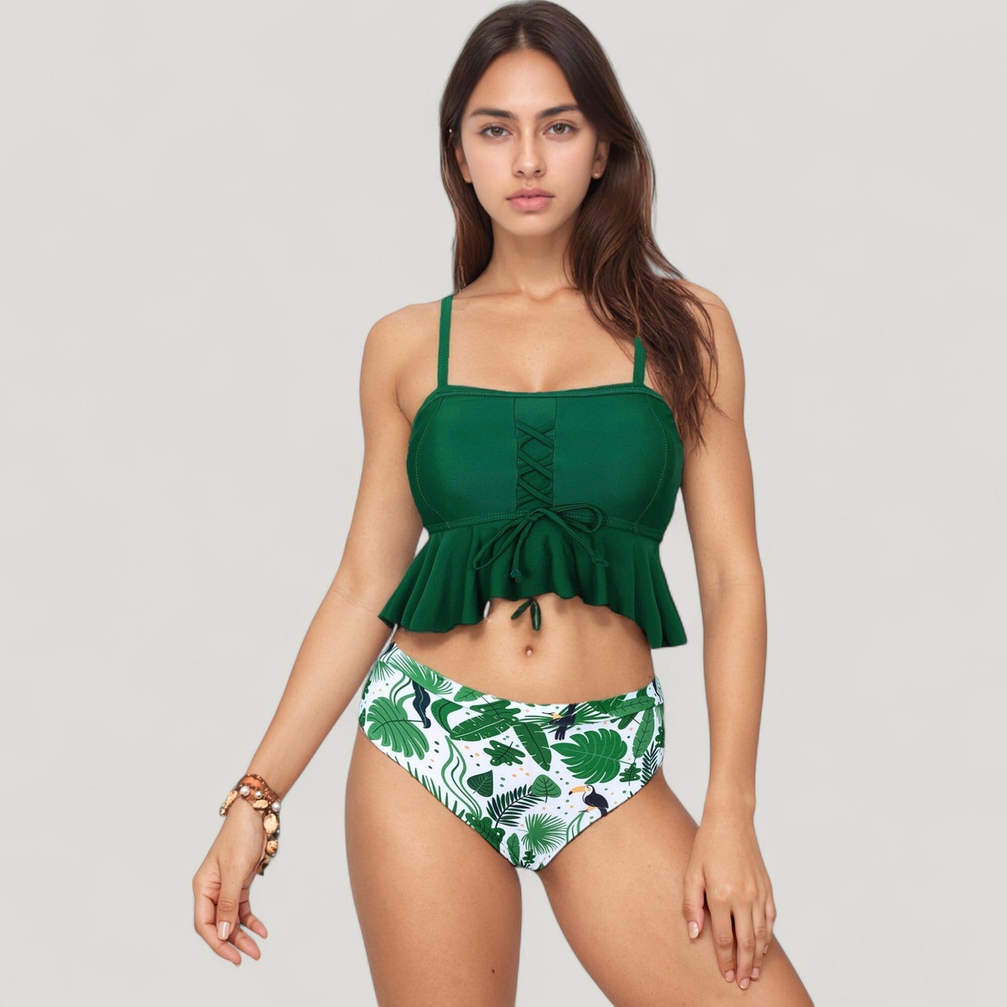 Bañador de dos piezas de Mara Swim: top tankini con volantes y cordones para mujer y braguita de bikini de cintura alta con estampado floral