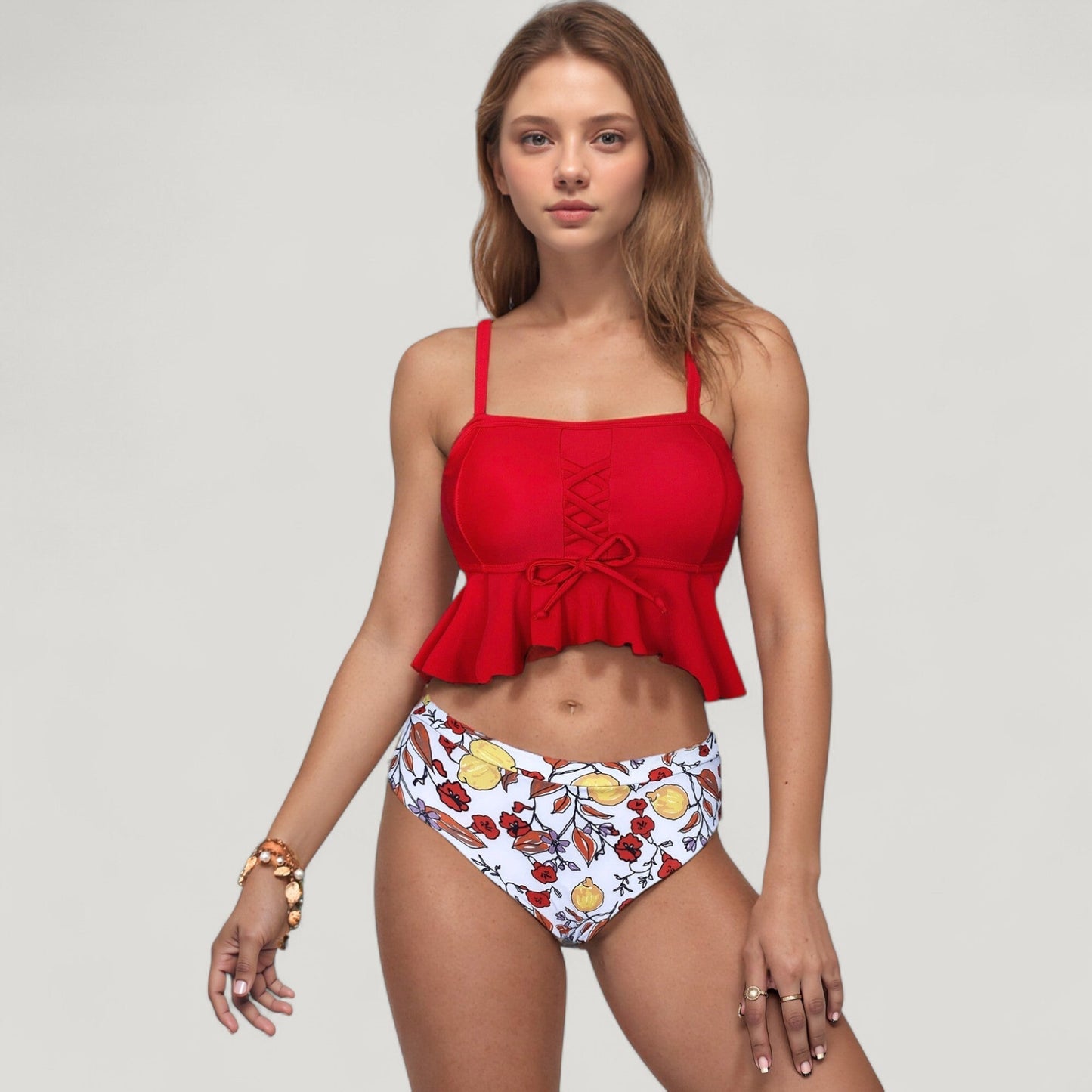 Bañador de dos piezas de Mara Swim: top tankini con volantes y cordones para mujer y braguita de bikini de cintura alta con estampado floral