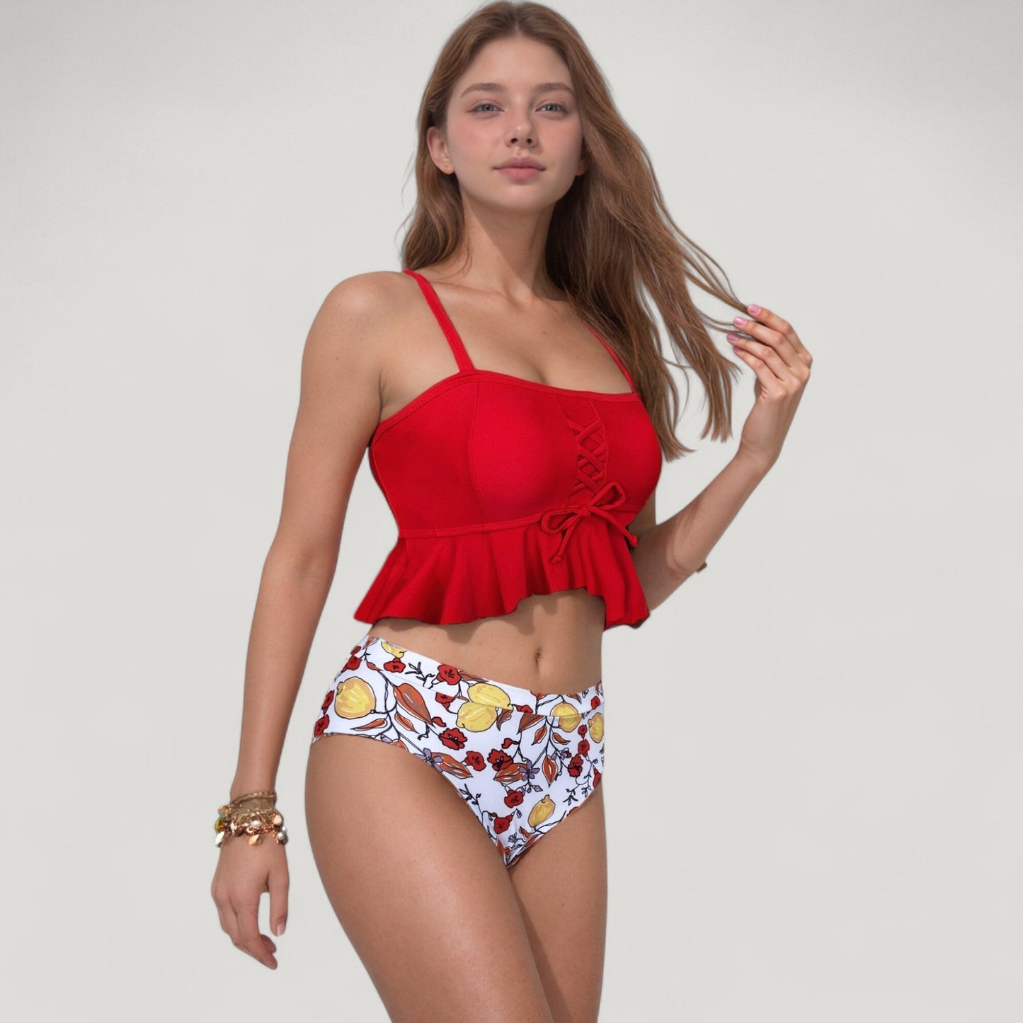 Bañador de dos piezas de Mara Swim: top tankini con volantes y cordones para mujer y braguita de bikini de cintura alta con estampado floral
