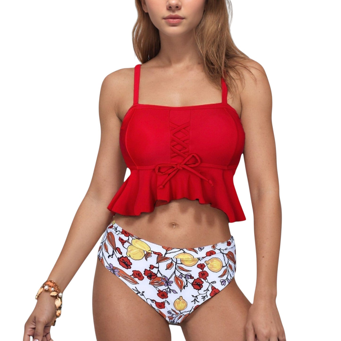 Bañador de dos piezas de Mara Swim: top tankini con volantes y cordones para mujer y braguita de bikini de cintura alta con estampado floral