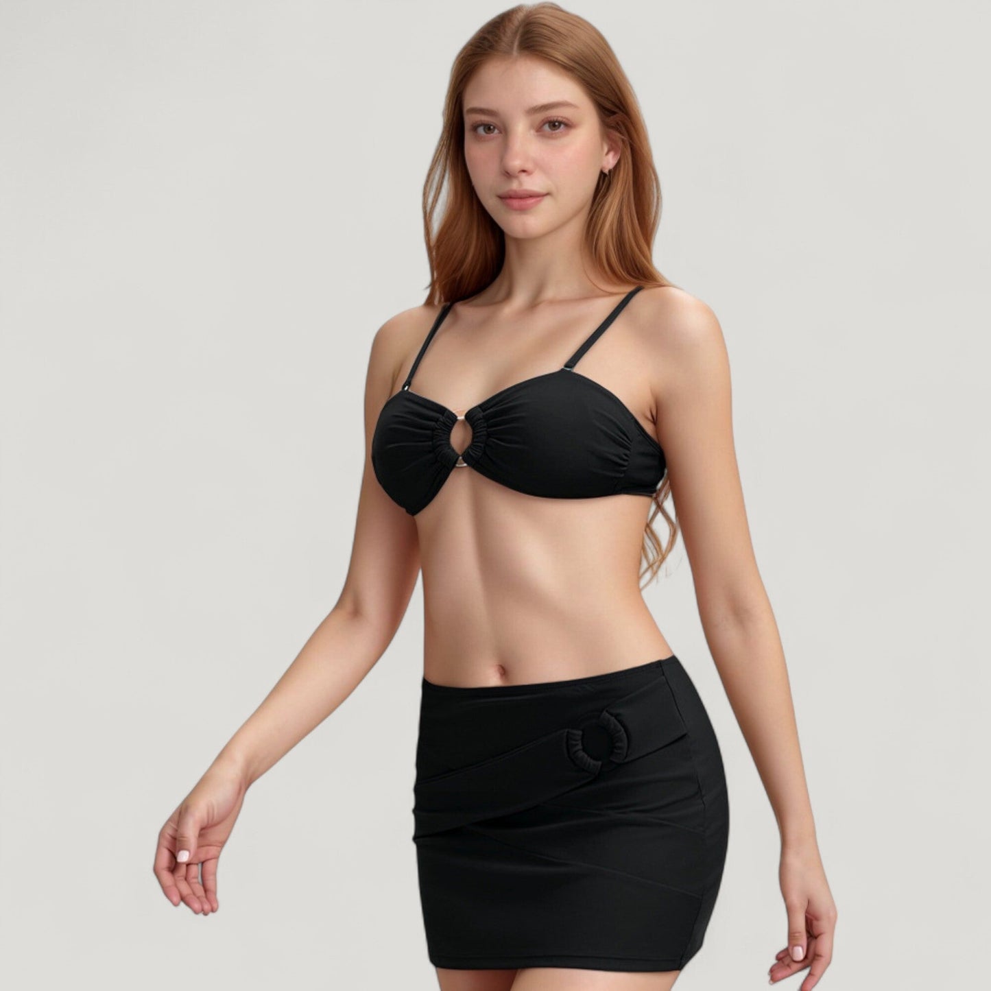Conjunto de bikini de 3 piezas para mujer de Mara Swim, con top bandeau con anillos en la parte delantera, braguita de cintura alta y falda pareo a juego