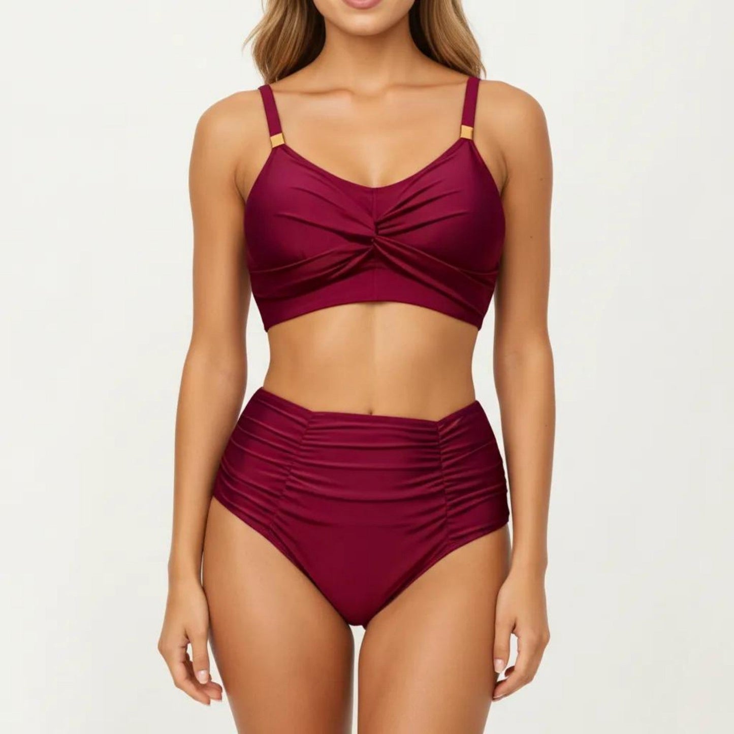 Conjunto de bikini de dos piezas para mujer de Mara Swim, con top tipo bralette con detalle retorcido en la parte delantera, tirantes ajustables y braguita de talle alto con fruncidos