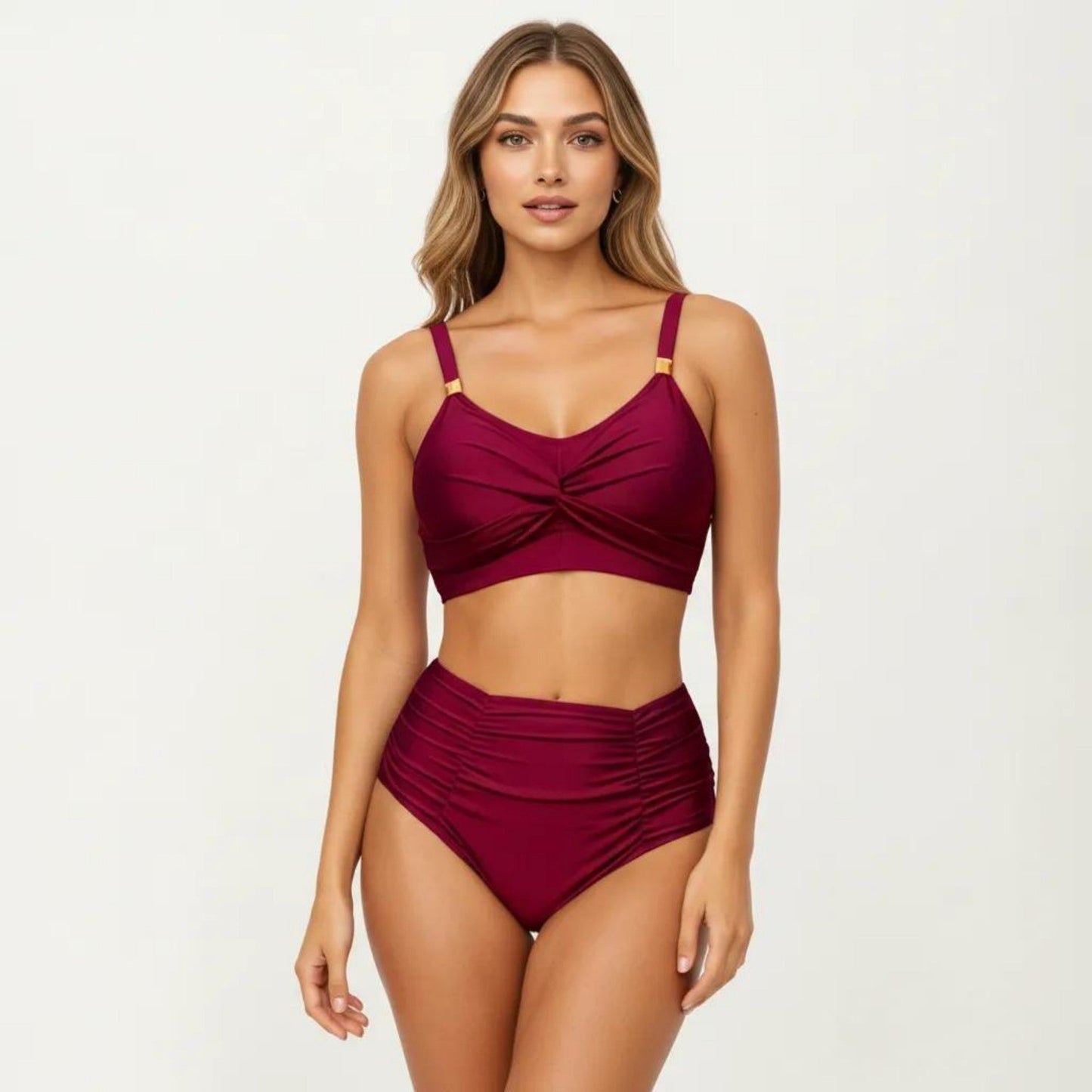 Conjunto de bikini de dos piezas para mujer de Mara Swim, con top tipo bralette con detalle retorcido en la parte delantera, tirantes ajustables y braguita de talle alto con fruncidos