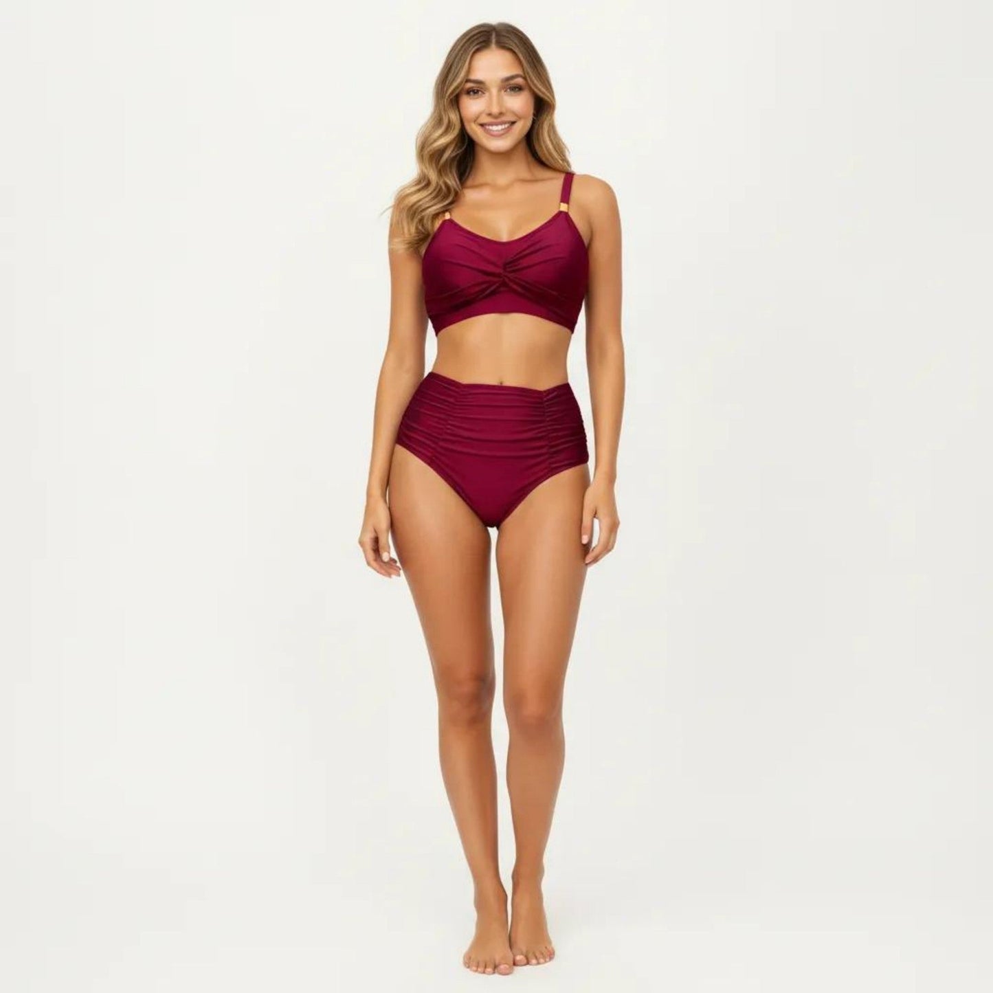 Conjunto de bikini de dos piezas para mujer de Mara Swim, con top tipo bralette con detalle retorcido en la parte delantera, tirantes ajustables y braguita de talle alto con fruncidos