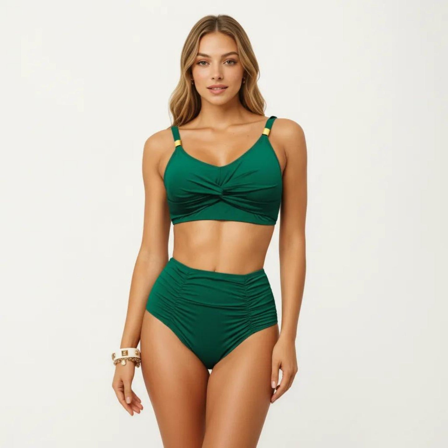 Conjunto de bikini de dos piezas para mujer de Mara Swim, con top tipo bralette con detalle retorcido en la parte delantera, tirantes ajustables y braguita de talle alto con fruncidos