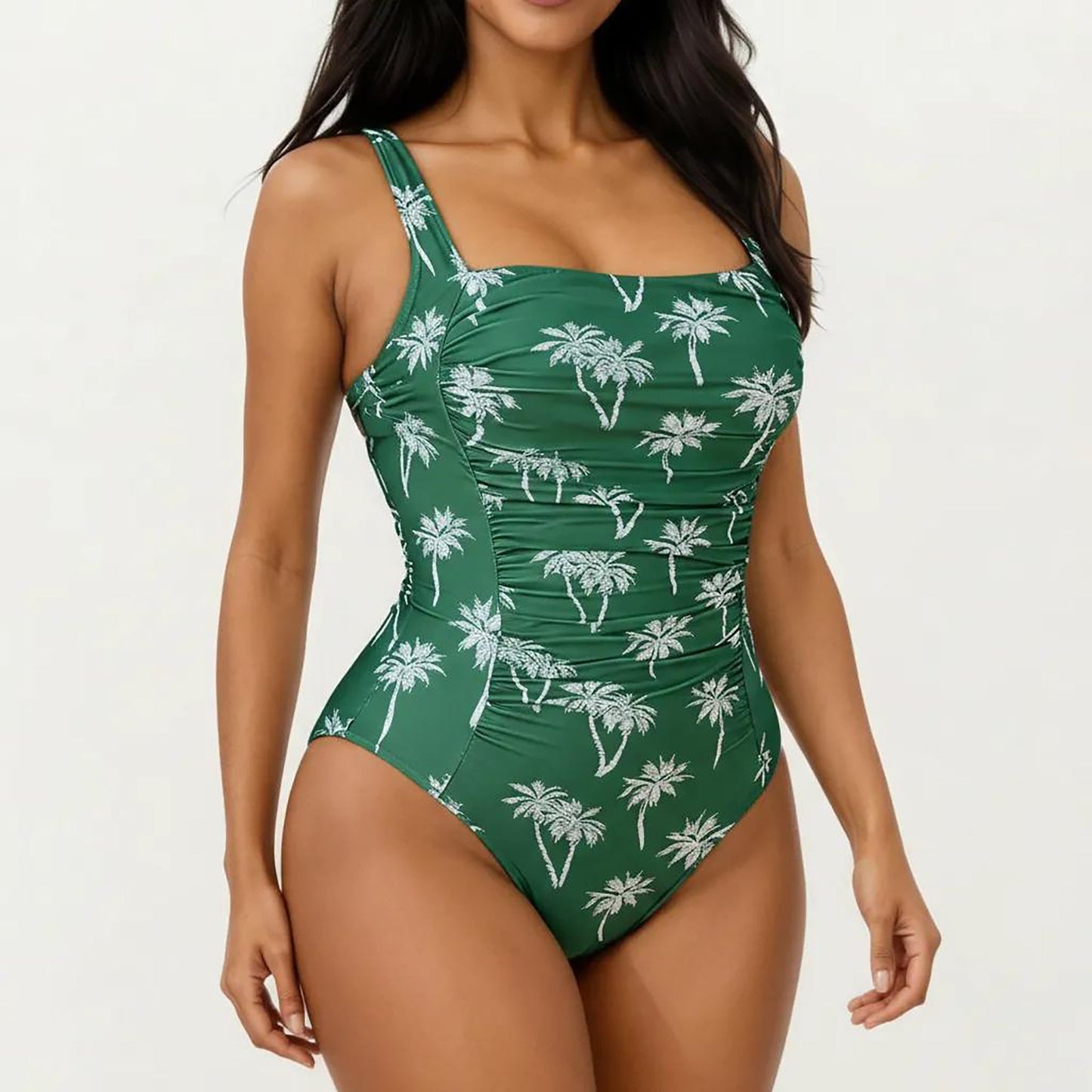 Bañador de una pieza para mujer de Mara Swim con estampado de palmeras, escote cuadrado y corte fruncido que moldea la cintura