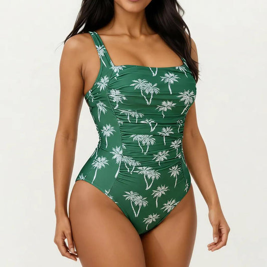 Bañador de una pieza para mujer de Mara Swim con estampado de palmeras, escote cuadrado y corte fruncido que moldea la cintura
