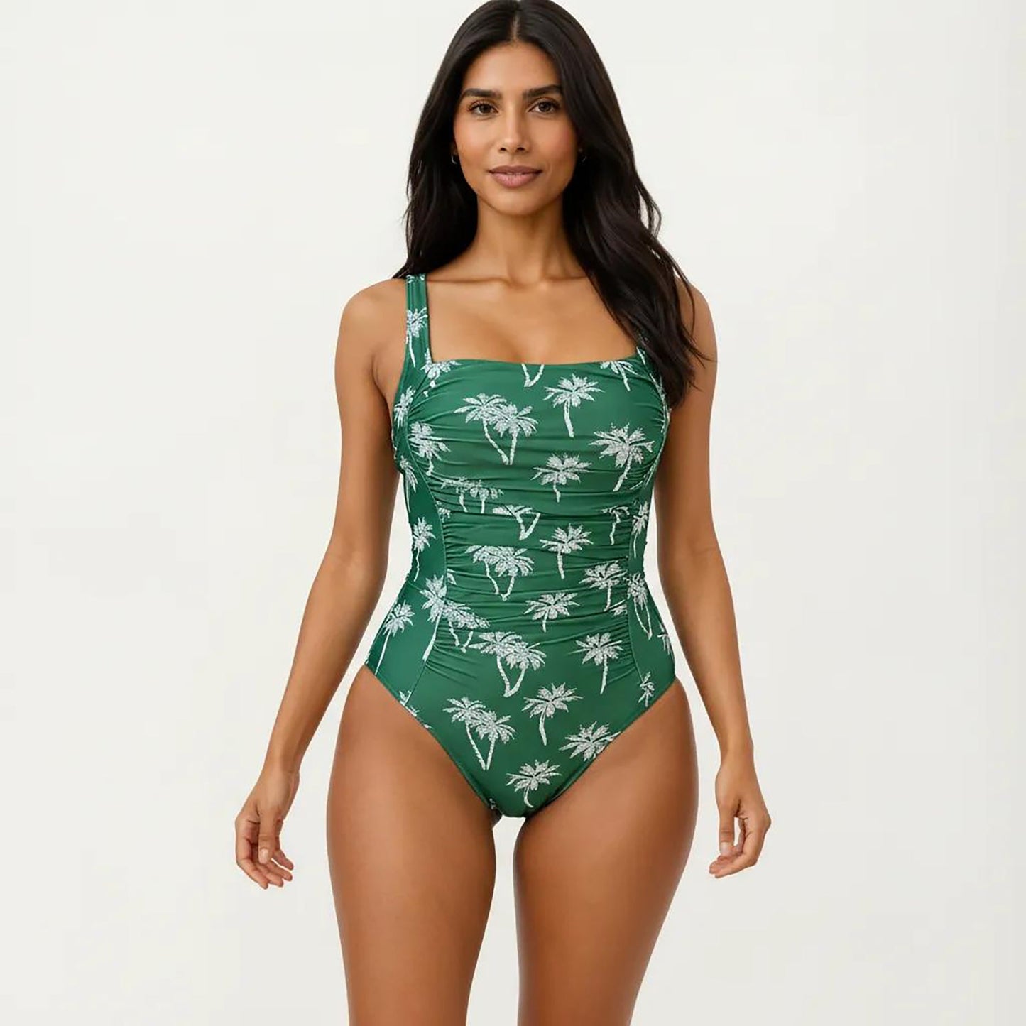 Bañador de una pieza para mujer de Mara Swim con estampado de palmeras, escote cuadrado y corte fruncido que moldea la cintura