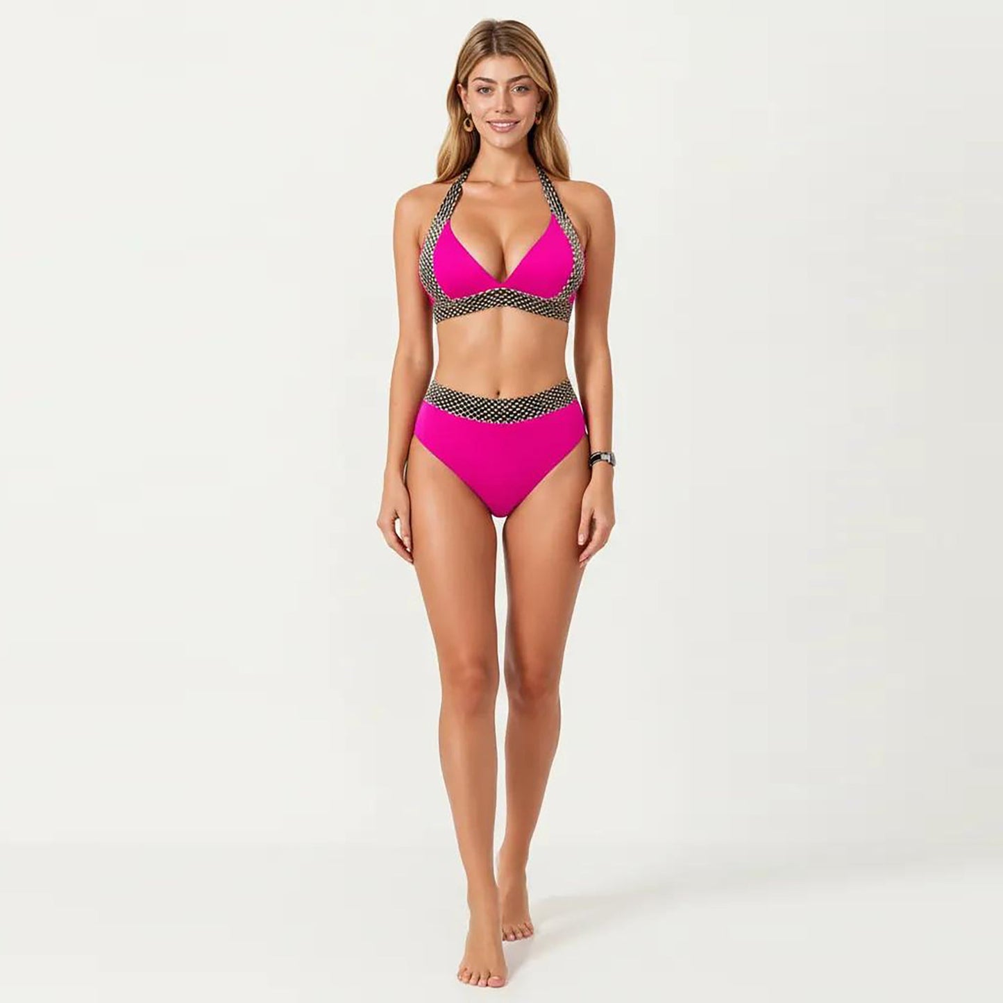 Conjunto de bikini de dos piezas de Mara Swim para mujer, de cintura alta, con top halter y detalles de ribete texturizado