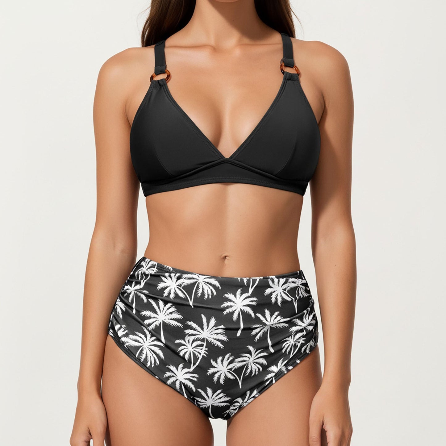 Conjunto de bikini de dos piezas de Mara Swim para mujer, con top de tirantes anillados y braguita con estampado de palmeras