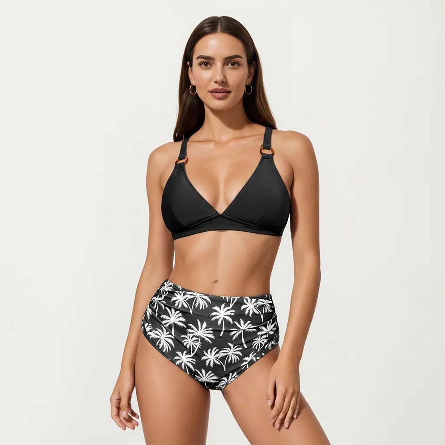 Conjunto de bikini de dos piezas de Mara Swim para mujer, con top de tirantes anillados y braguita con estampado de palmeras