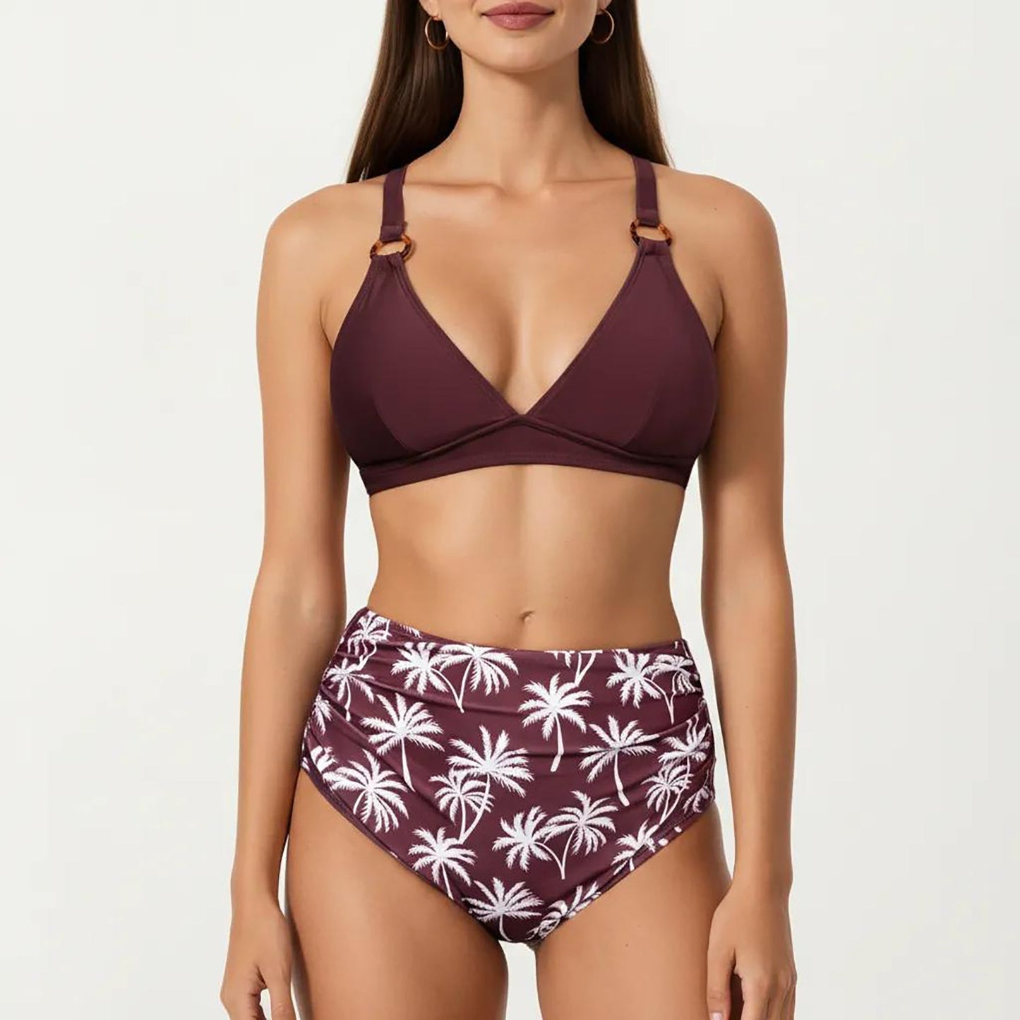 Conjunto de bikini de dos piezas de Mara Swim para mujer, con top de tirantes anillados y braguita con estampado de palmeras