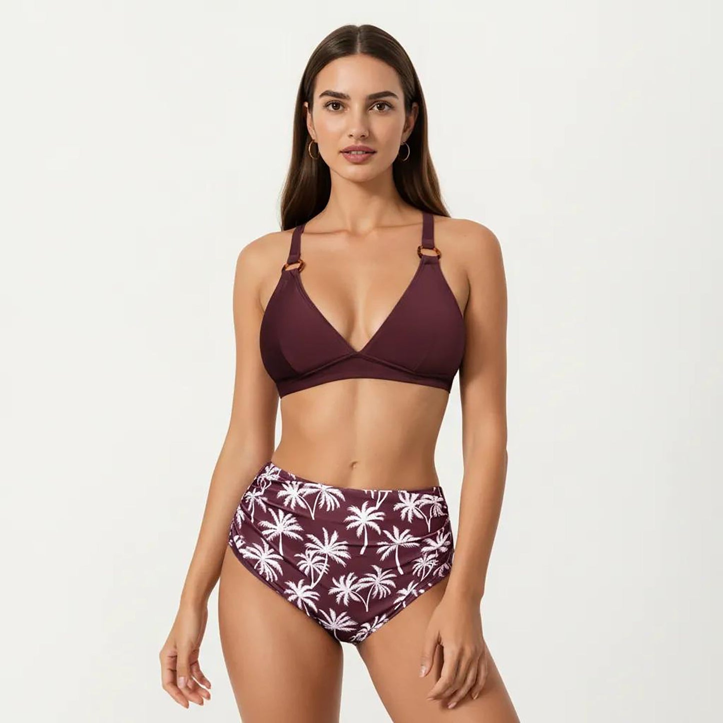 Conjunto de bikini de dos piezas de Mara Swim para mujer, con top de tirantes anillados y braguita con estampado de palmeras
