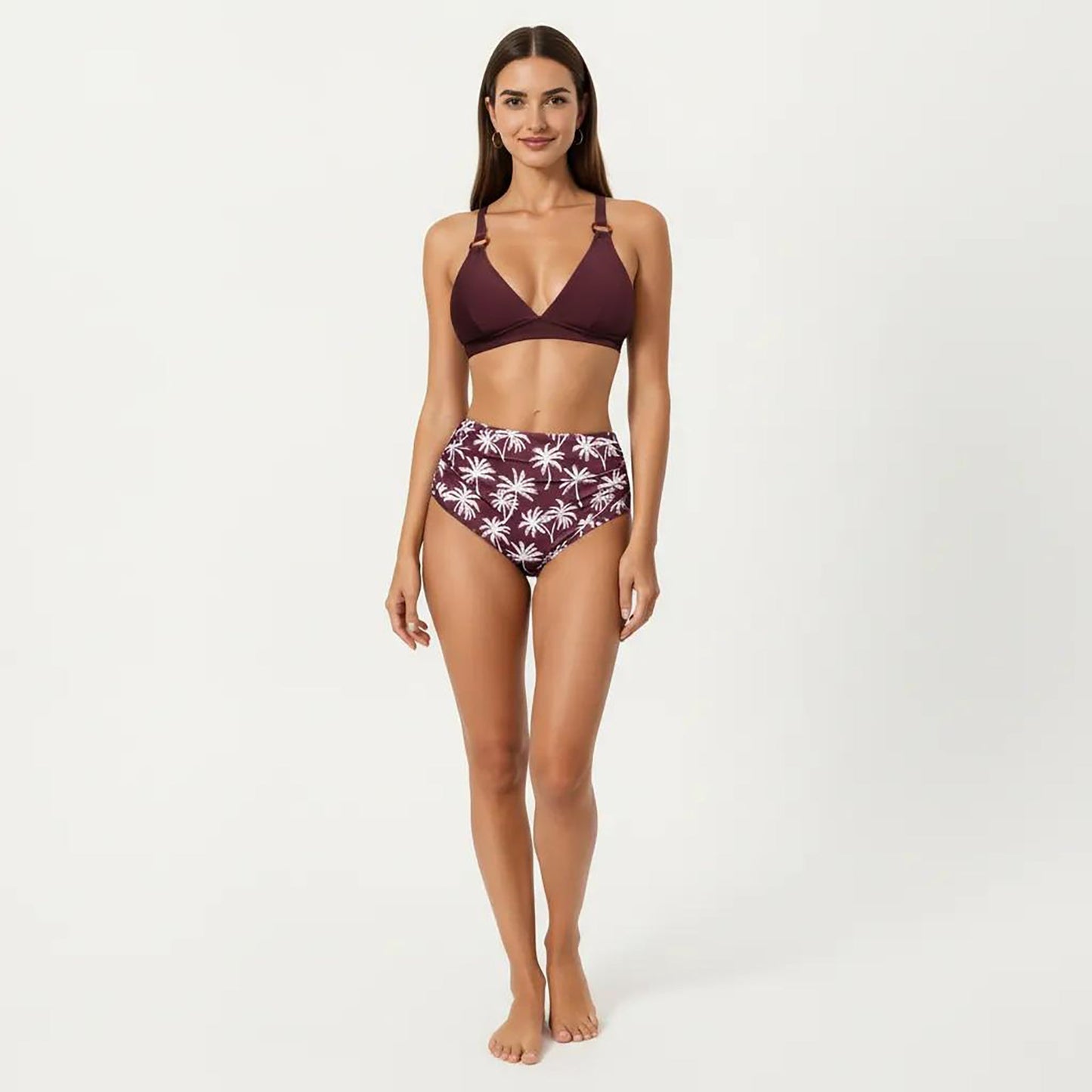 Conjunto de bikini de dos piezas de Mara Swim para mujer, con top de tirantes anillados y braguita con estampado de palmeras