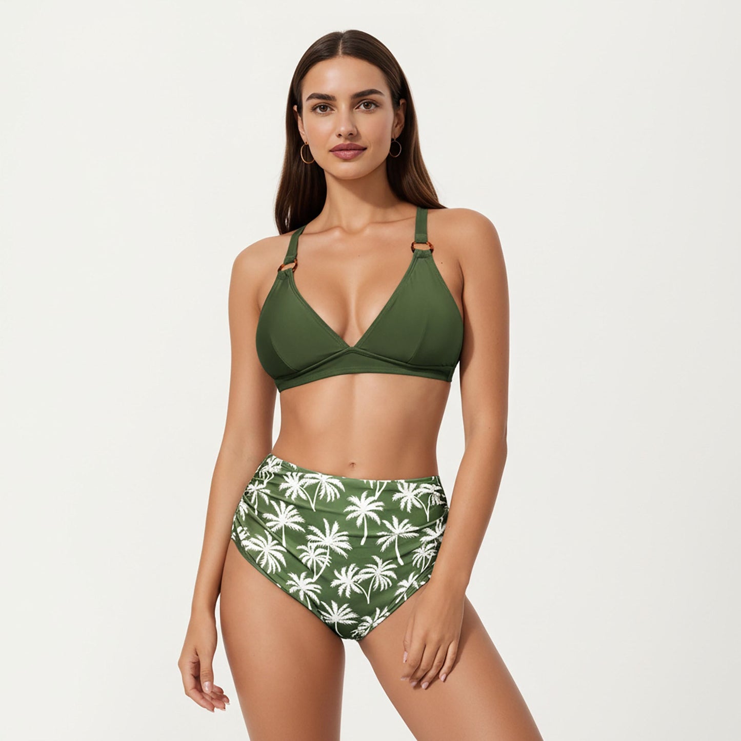 Conjunto de bikini de dos piezas de Mara Swim para mujer, con top de tirantes anillados y braguita con estampado de palmeras