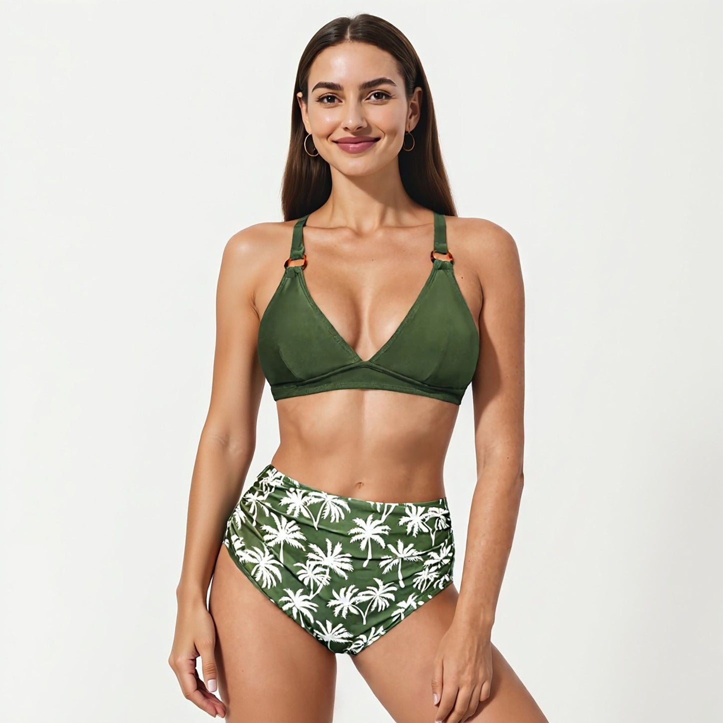 Conjunto de bikini de dos piezas de Mara Swim para mujer, con top de tirantes anillados y braguita con estampado de palmeras