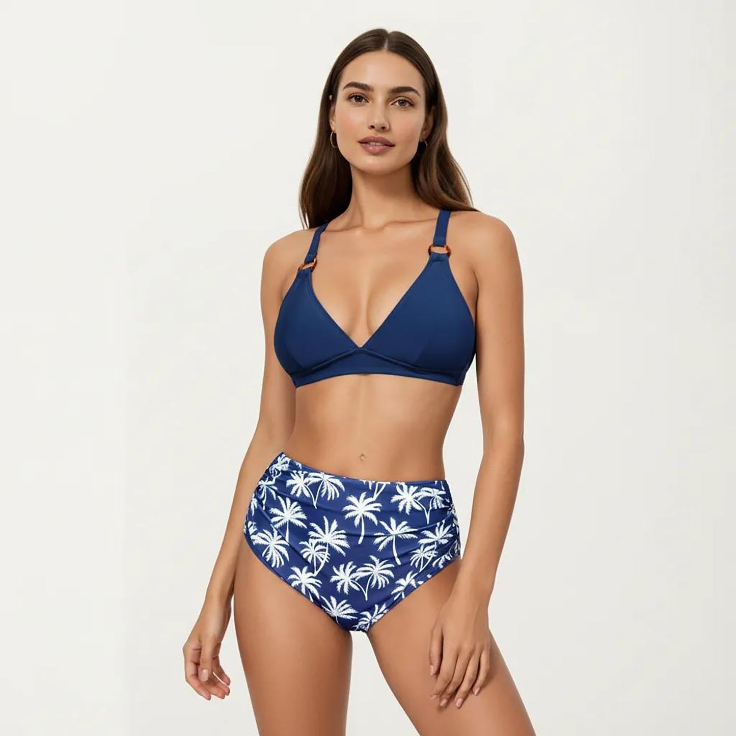 Conjunto de bikini de dos piezas de Mara Swim para mujer, con top de tirantes anillados y braguita con estampado de palmeras