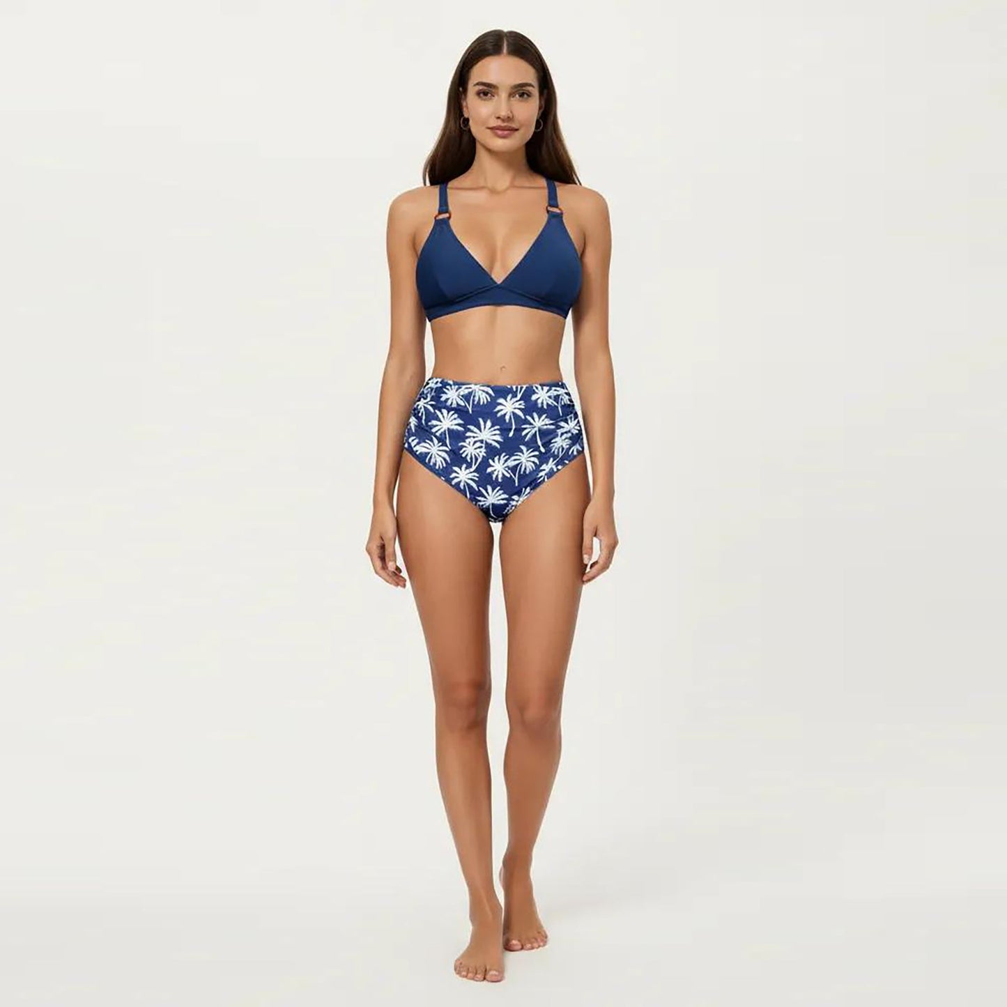 Conjunto de bikini de dos piezas de Mara Swim para mujer, con top de tirantes anillados y braguita con estampado de palmeras