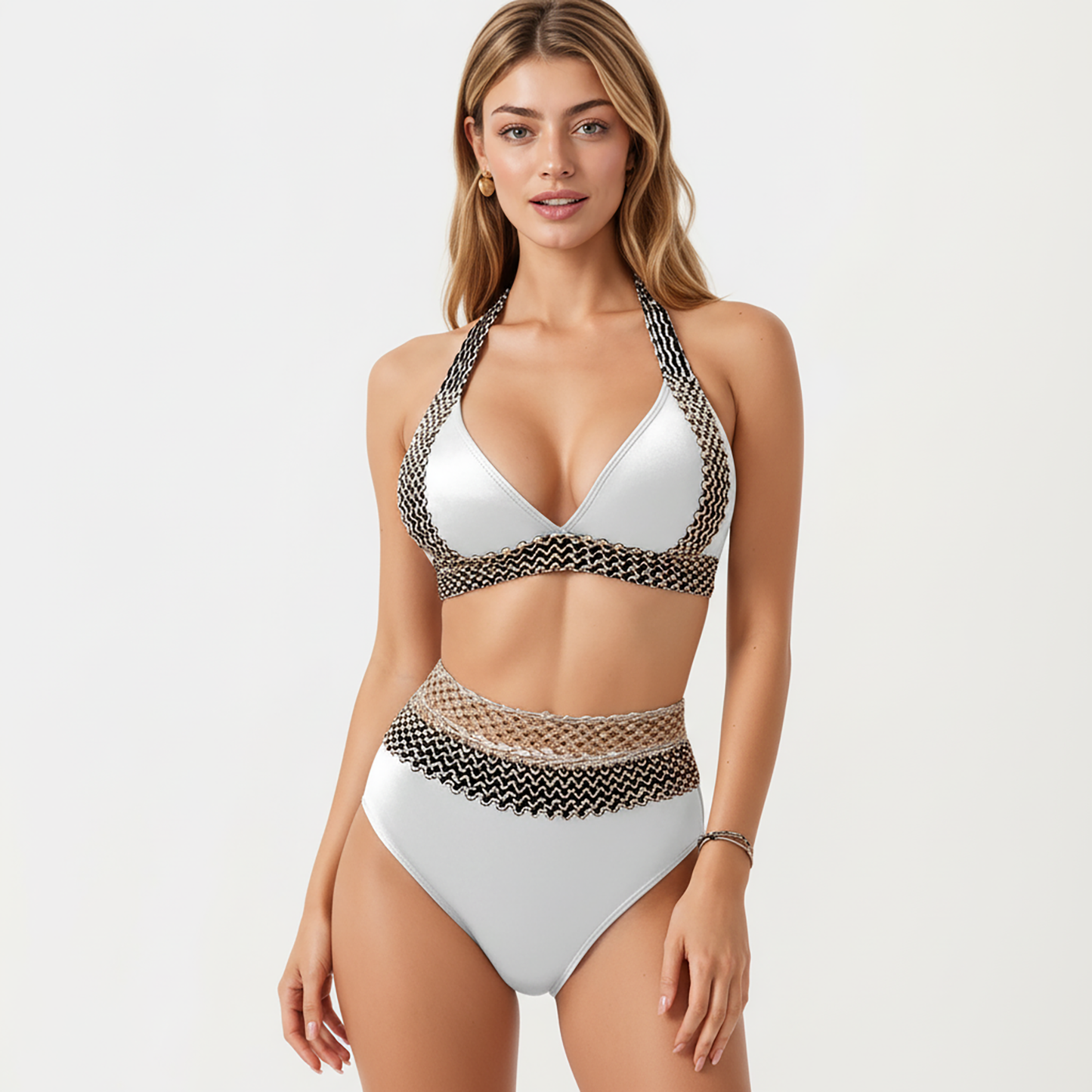 Conjunto de bikini de dos piezas de Mara Swim para mujer, de cintura alta, con top halter y detalles de ribete texturizado