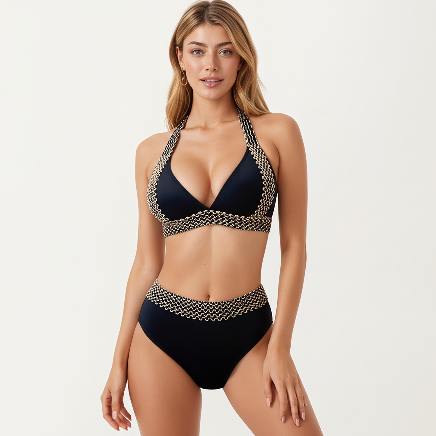 Conjunto de bikini de dos piezas de Mara Swim para mujer, de cintura alta, con top halter y detalles de ribete texturizado