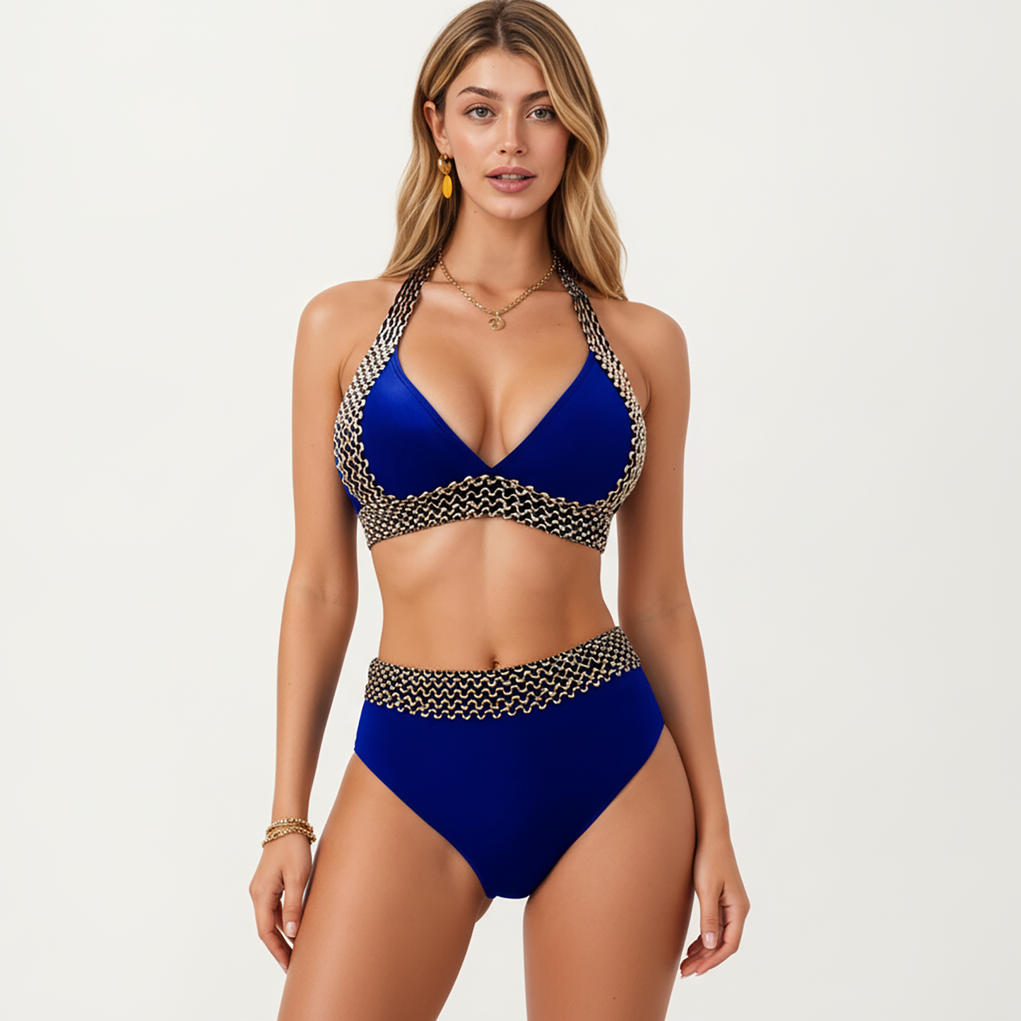Conjunto de bikini de dos piezas de Mara Swim para mujer, de cintura alta, con top halter y detalles de ribete texturizado